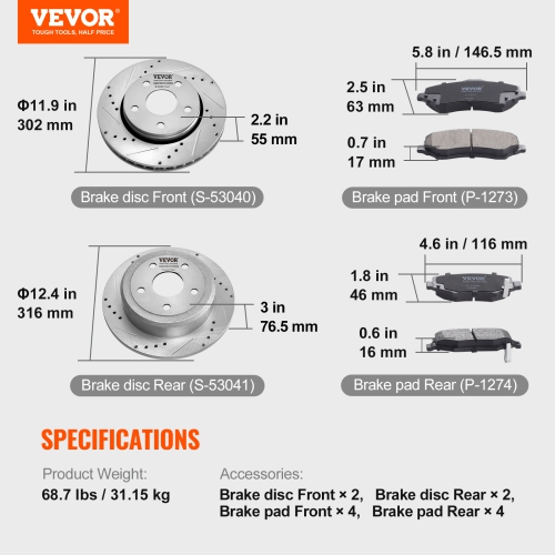 VEVOR Front and Rear Brake Kit Compatible with 2007-2017 Jeep Wrangler, Drilled and Slotted Brake Rotors Ceramic Brake Pads Replacement, 11.9" Front