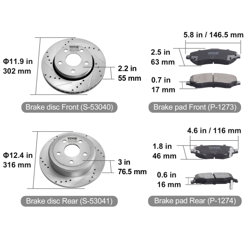 VEVOR Front and Rear Brake Kit Compatible with 2007-2017 Jeep Wrangler, Drilled and Slotted Brake Rotors Ceramic Brake Pads Replacement, 11.9" Front