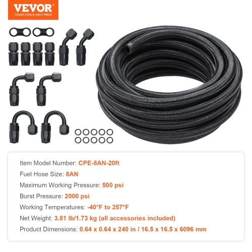 VEVOR 20 FT 8AN Fuel Line Kit, Fuel Hose Kit, 0.43" Nylon Stainless Steel Braided Fuel Line Oil/Gas/Diesel Hose End Fitting Kit, with 12 PCS Swivel