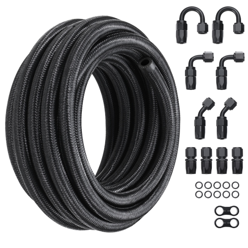 VEVOR 20 FT 8AN Fuel Line Kit, Fuel Hose Kit, 0.43" Nylon Stainless Steel Braided Fuel Line Oil/Gas/Diesel Hose End Fitting Kit, with 12 PCS Swivel