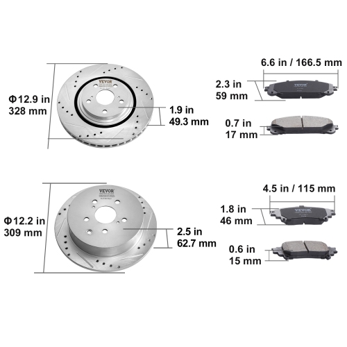 VEVOR Front and Rear Brake Kit Compatible with Toyota Sienna, RX450h, Drilled and Slotted Brake Rotors Ceramic Brake Pads Replacement, 12.9" Front