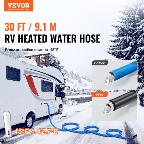 VEVOR 30ft Heated Water Hose for RV,Heated Drinking Water Hose with Corrugated Cover Antifreeze to -45°F,Automatic Self-regulating,5/8" I.D. with