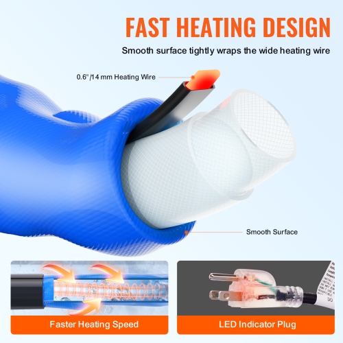 VEVOR 30ft Heated Water Hose for RV,Heated Drinking Water Hose with Corrugated Cover Antifreeze to -45°F,Automatic Self-regulating,5/8" I.D. with