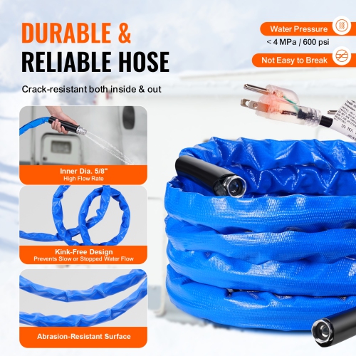 VEVOR 30ft Heated Water Hose for RV,Heated Drinking Water Hose with Corrugated Cover Antifreeze to -45°F,Automatic Self-regulating,5/8" I.D. with