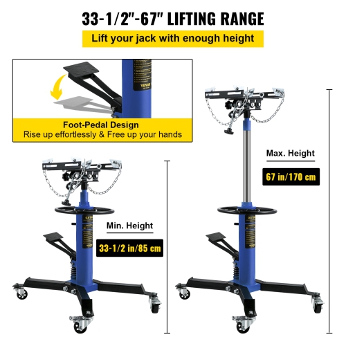 VEVOR 1/2Ton Capacity Transmission Jack,Hydraulic Telescopic Transmission Jack, 2-Stage Floor Jack Stand with Foot Pedal, 360° Swivel Wheel, Garage/