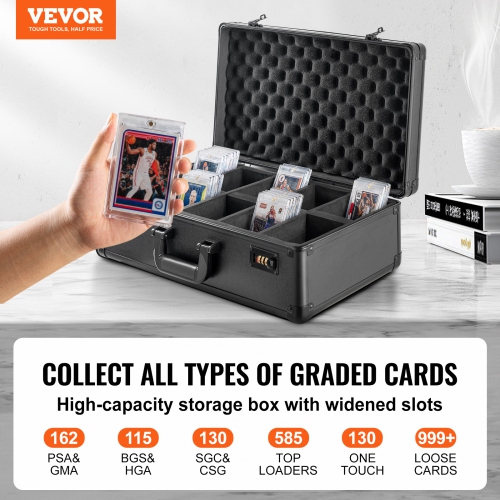 VEVOR 5 Slots Graded Card Storage Box,Graded Sports Cards Holder Carrying Case with Coded Lock Foam Dividers, for 162 PSA Graded Cards 115 BGS Cards