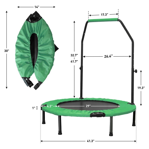 Ainfox 40inch Foldable Mini Trampoline Green Fitness Rebounder with Adjustable Foam Handle