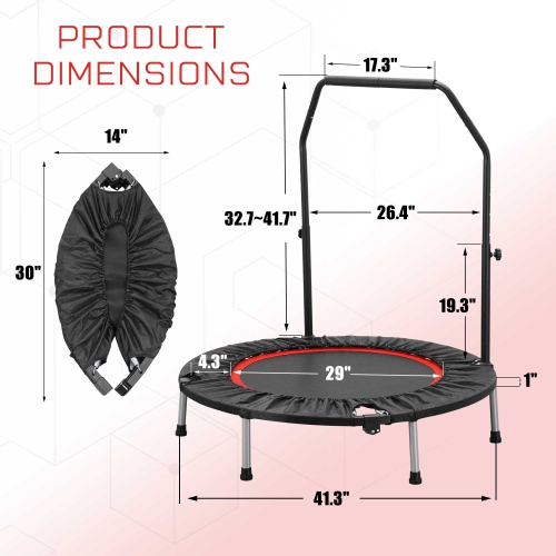 Ainfox 40inch Foldable Mini Trampoline Red Fitness Rebounder with Adjustable Foam Handle