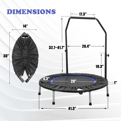 Ainfox 40inch Foldable Mini Trampoline Blue Fitness Rebounder with Adjustable Foam Handle