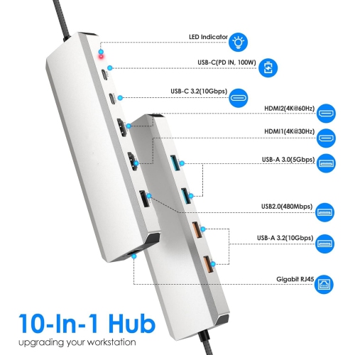 Laptop Docking Station, WAVLINK 10G USB C Hub with Dual HDMI, 100W PD in, 10Gbps USB-A/C 3.2, 5Gbps USB-A, USB2.0, Gigabit Ethernet for