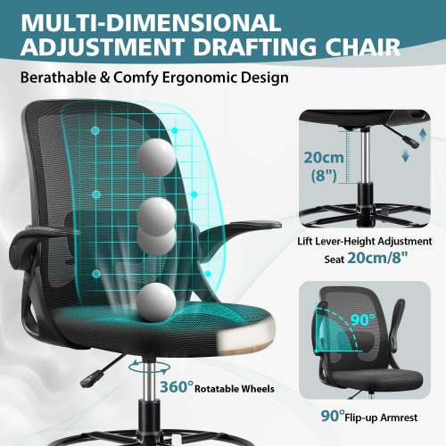 Coolse Drafting Chair - Adjustable Height & Foot Ring, Ergonomic Lumbar Support, Flip-Up Armrests, Swivel Task Chair for Office/Desk, Black