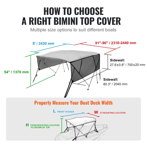 VEVOR 4 Bow Bimini Top Boat Cover, Detachable Mesh Sidewalls, 600D Polyester Canopy with 1" Aluminum Alloy Frame, 2 Support Poles, 2 Straps, 8'L x