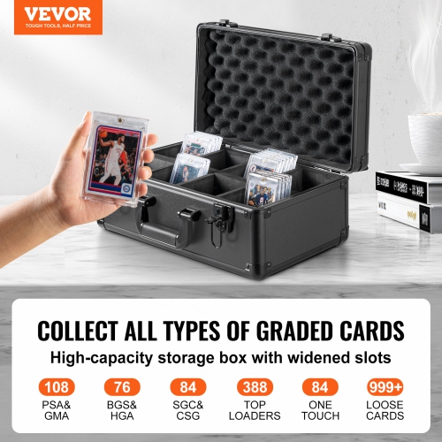 VEVOR 4 Slots Graded Card Storage Box,Graded Sports Cards Holder Carrying Case with Key Lock Foam Dividers, for 108 PSA Graded Cards 76 BGS Cards 84