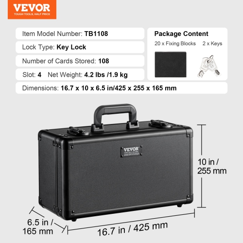 VEVOR 4 Slots Graded Card Storage Box,Graded Sports Cards Holder Carrying Case with Key Lock Foam Dividers, for 108 PSA Graded Cards 76 BGS Cards 84