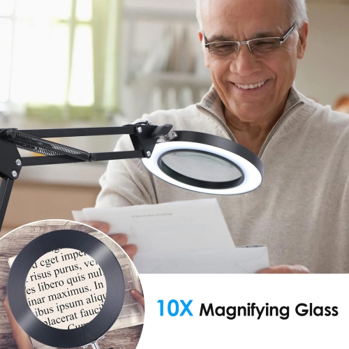 Loupe éclairée 10x avec 72 DEL, 3 modes de couleur, gradation à 10 niveaux, pince et base, idéale pour la lecture et les réparations