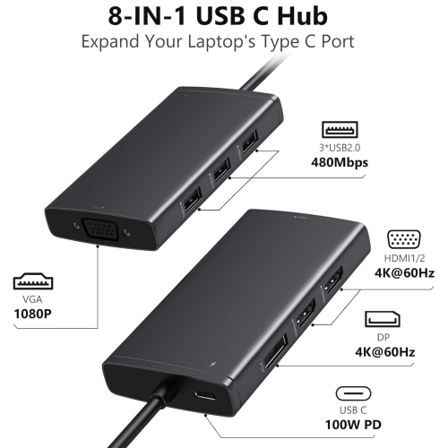 8 IN 1 Triple Monitor Adapters USB C Hub Laptop Docking Station with 4K Dual HDMI, Displayport, VGA, USB C 100W PD, 3 USB 2.0 USB C Adapter for Dell