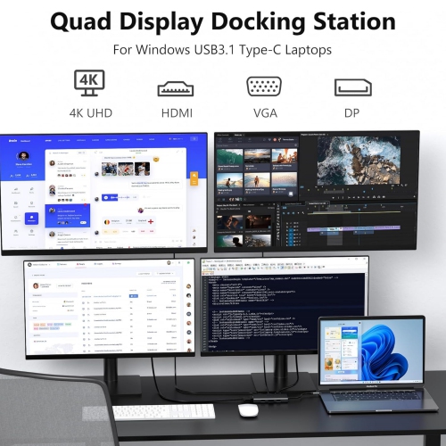 8 IN 1 Triple Monitor Adapters USB C Hub Laptop Docking Station with 4K Dual HDMI, Displayport, VGA, USB C 100W PD, 3 USB 2.0 USB C Adapter for Dell