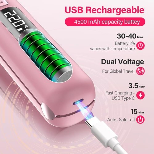 Fer plat et fer à friser sans fil, mini brosse à lisser rechargeable USB légère, fer plat portatif en céramique à chauffage rapide, rose
