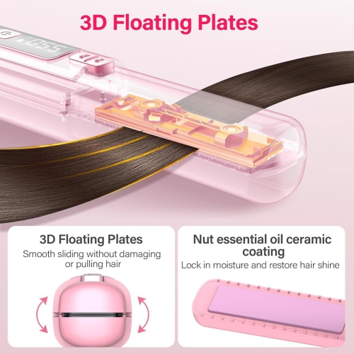 Fer plat et fer à friser sans fil, mini brosse à lisser rechargeable USB légère, fer plat portatif en céramique à chauffage rapide, rose