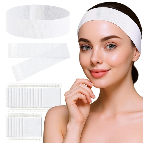 MYACUC  50PCs Disposable Headbands for Spa, Elastic Headband Wrap \w Adjustable Magic Tape, Spa Facial Bandeau for Women, Stretch Makeup Hairband For