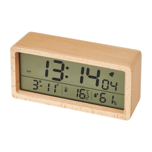 THE WAY  Solid Wood Clock, Temperature And Humidity Date Display, Luminous Bedside Clock Large Screen Lcd Wooden Alarm Clock - Beech In Yellow