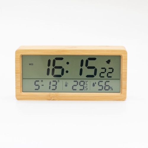 Solid wood clock, temperature and humidity date display, luminous bedside clock large screen LCD wooden alarm clock - bamboo shell