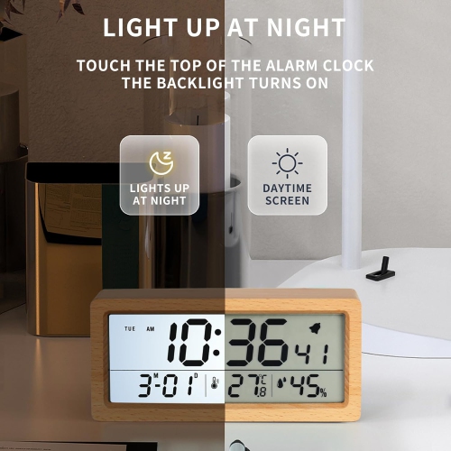 Solid wood clock, temperature and humidity date display, luminous bedside clock large screen LCD wooden alarm clock - bamboo shell