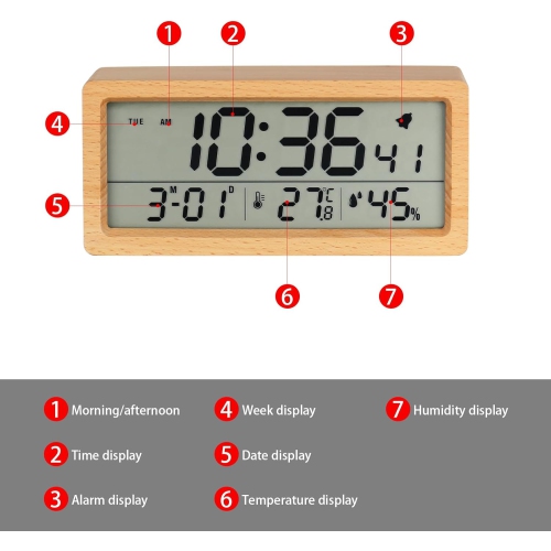 Solid wood clock, temperature and humidity date display, luminous bedside clock large screen LCD wooden alarm clock - bamboo shell
