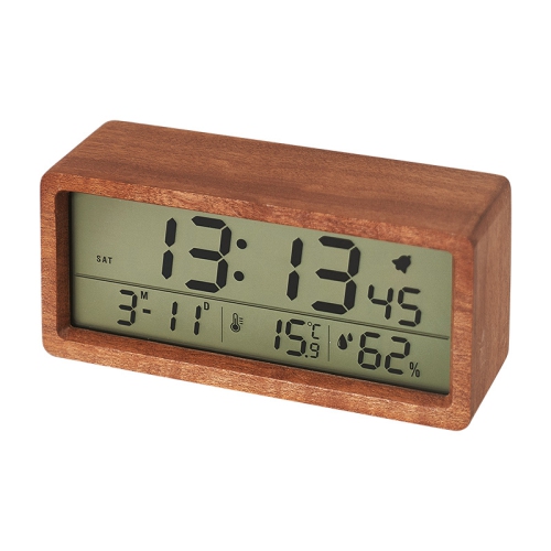 Horloge en bois massif, affichage de la température et de l'humidité, horloge de chevet lumineuse grand écran Réveil en bois LCD - Brun sapelli