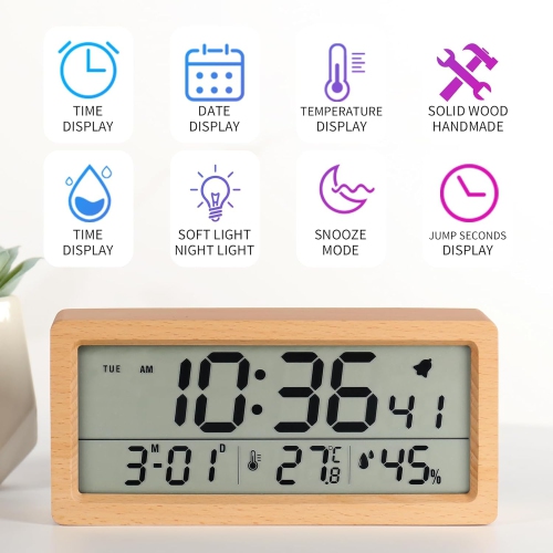 Horloge en bois massif, affichage de la température et de l'humidité, horloge de chevet lumineuse grand écran Réveil en bois LCD - Brun sapelli