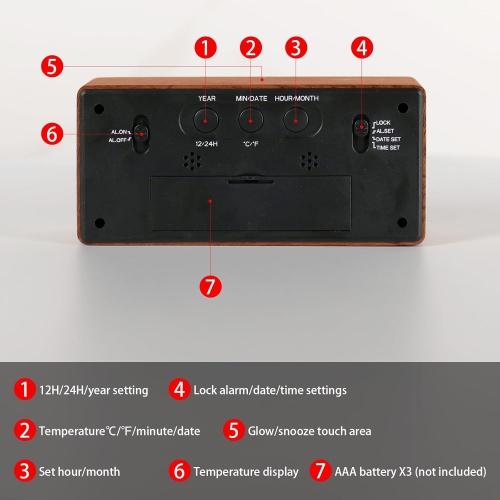 Horloge en bois massif, affichage de la température et de l'humidité, horloge de chevet lumineuse grand écran Réveil en bois LCD - Brun sapelli