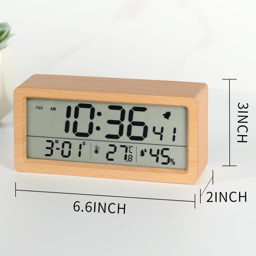 Horloge en bois massif, affichage de la température et de l'humidité, horloge de chevet lumineuse grand écran Réveil en bois LCD - Brun sapelli
