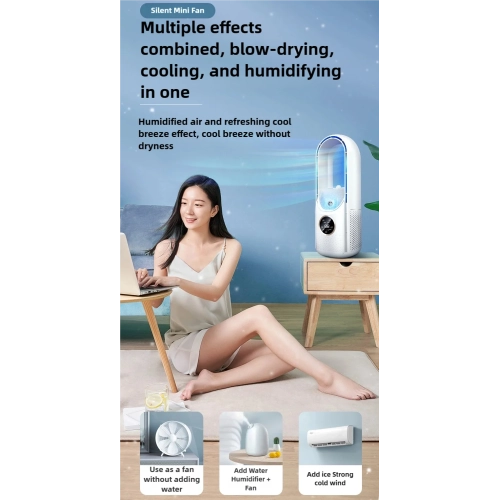 Bladeless fan with humidifier and RGB light, USB plug-in portable silent design desktop office home creative mini fan - white