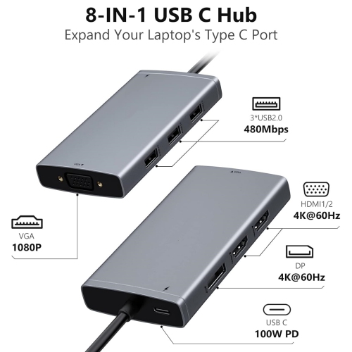 Triple Monitor 8 in 1 USB C Docking Station with Dual HDMI Displayport VGA, USB C 100w PD, 3 USB 2.0 Multiport Dongle for Dell XPS 17/15/13, Lenovo