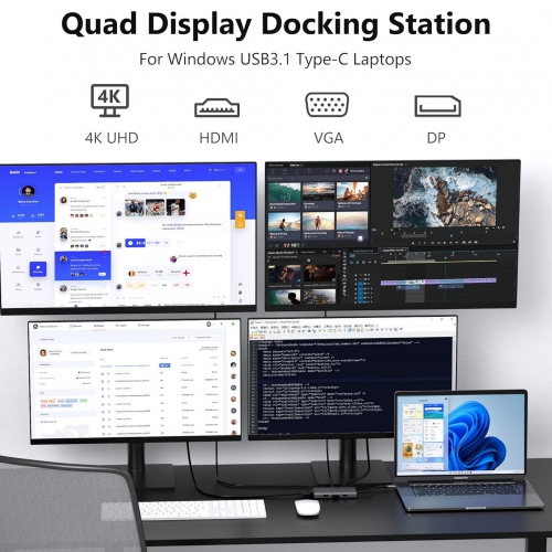 Triple Monitor 8 in 1 USB C Docking Station with Dual HDMI Displayport VGA, USB C 100w PD, 3 USB 2.0 Multiport Dongle for Dell XPS 17/15/13, Lenovo