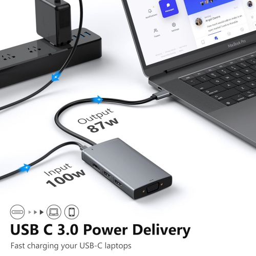 Triple Monitor 8 in 1 USB C Docking Station with Dual HDMI Displayport VGA, USB C 100w PD, 3 USB 2.0 Multiport Dongle for Dell XPS 17/15/13, Lenovo