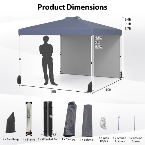 Gymax 10 X 10 FT Pop up Canopy Tent w/ 1 Sidewall Wheeled Bag 8 Stakes & 4 Wind Ropes