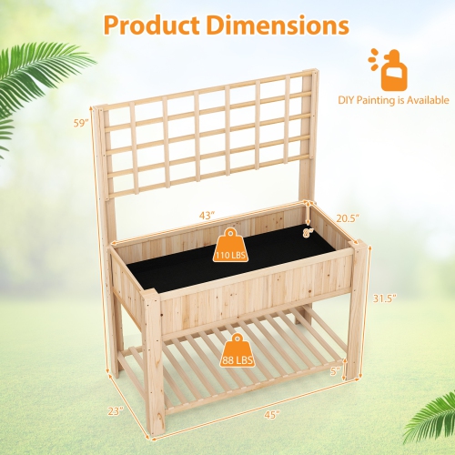Gymax Raised Garden Bed w/ Trellis Wooden Elevated Planter Box w/ Legs & Liner Natural