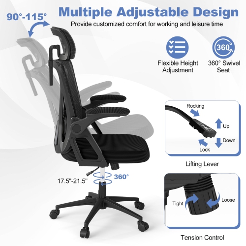 Gymax Ergonomic Mesh Office Chair w/ Lumbar Support 2D Headrest Flip-up Padded Arms