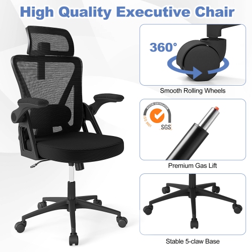 Gymax Ergonomic Mesh Office Chair w/ Lumbar Support 2D Headrest Flip-up Padded Arms