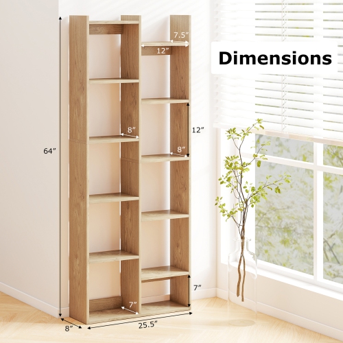 Gymax 11-Tier Bookcase w/Anti-Tipping Kits Wood Display Shelf Tree-Shaped Bookshelf