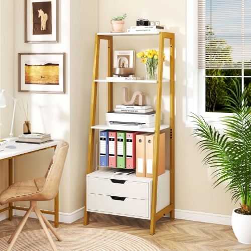 Gymax 2PCS Bookshelf w/ 2 Storage Drawers Sturdy Metal Frame Anti-toppling Devices