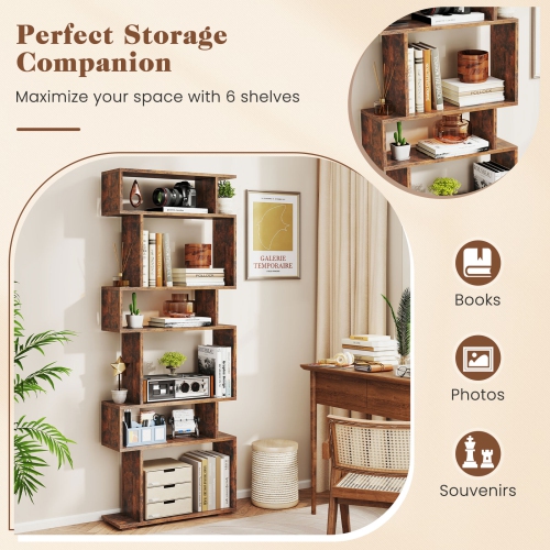 Gymax 2PCS 6-tier Storage Bookshelf Tall Display Shelf w/ Anti-toppling Kits Kits