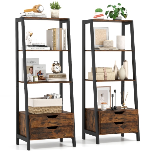 GYMAX  2PCs Bookshelf W/ 2 Storage Drawers Sturdy Metal Frame Anti-Toppling Devices
