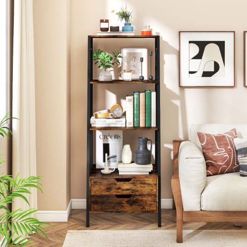 Gymax 2PCS Bookshelf w/ 2 Storage Drawers Sturdy Metal Frame Anti-toppling Devices