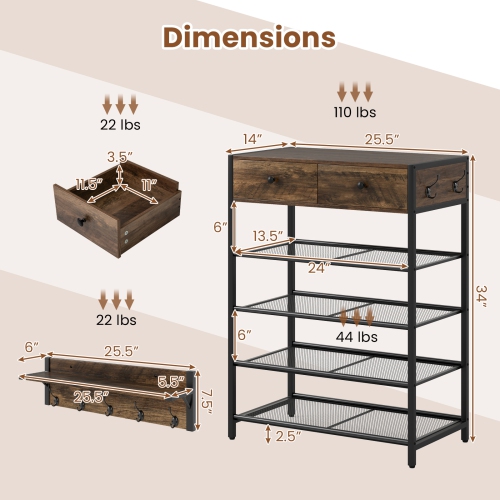 Gymax 5-Tier Shoe Rack w/ Wall-Mounted Coat Rack Hooks Drawers & Shelves for Bedroom