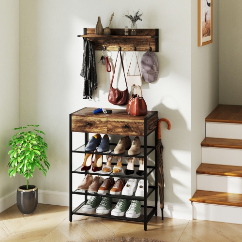 Gymax 5-Tier Shoe Rack w/ Wall-Mounted Coat Rack Hooks Drawers & Shelves for Bedroom