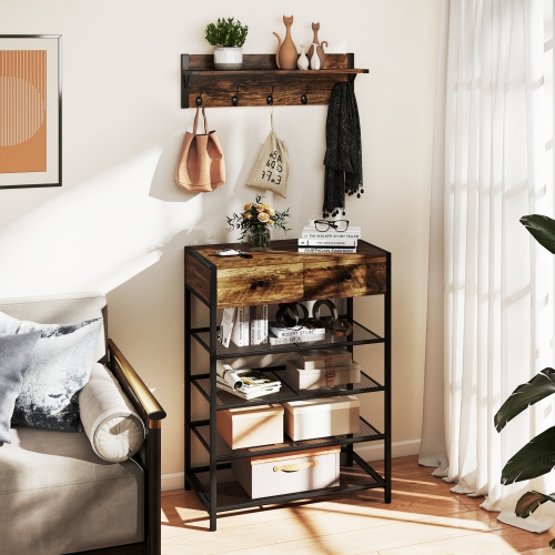 Gymax 5-Tier Shoe Rack w/ Wall-Mounted Coat Rack Hooks Drawers & Shelves for Bedroom