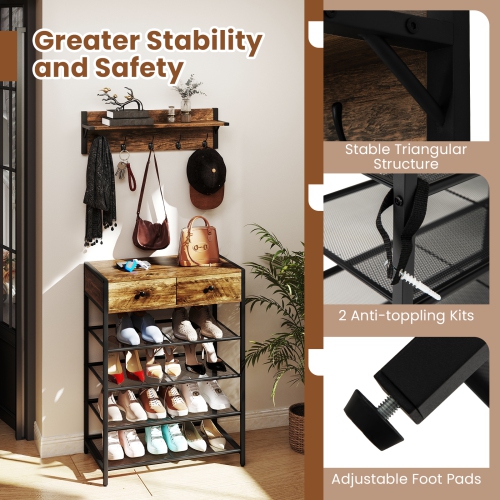 Gymax 5-Tier Shoe Rack w/ Wall-Mounted Coat Rack Hooks Drawers & Shelves for Bedroom