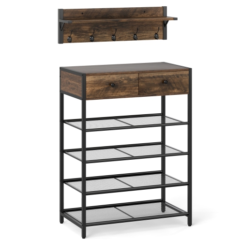 Gymax 5-Tier Shoe Rack w/ Wall-Mounted Coat Rack Hooks Drawers & Shelves for Bedroom